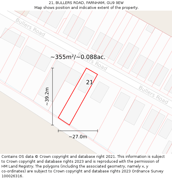 21, BULLERS ROAD, FARNHAM, GU9 9EW: Plot and title map