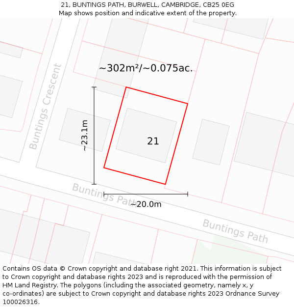 21, BUNTINGS PATH, BURWELL, CAMBRIDGE, CB25 0EG: Plot and title map