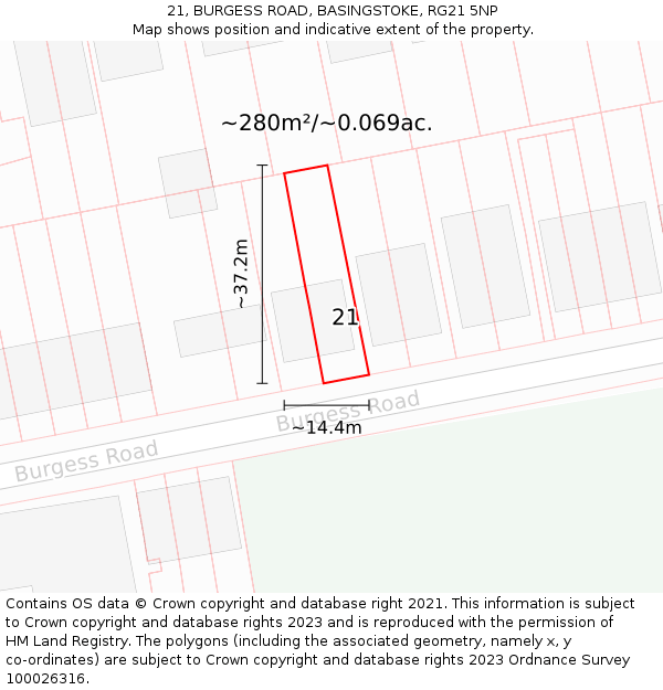 21, BURGESS ROAD, BASINGSTOKE, RG21 5NP: Plot and title map