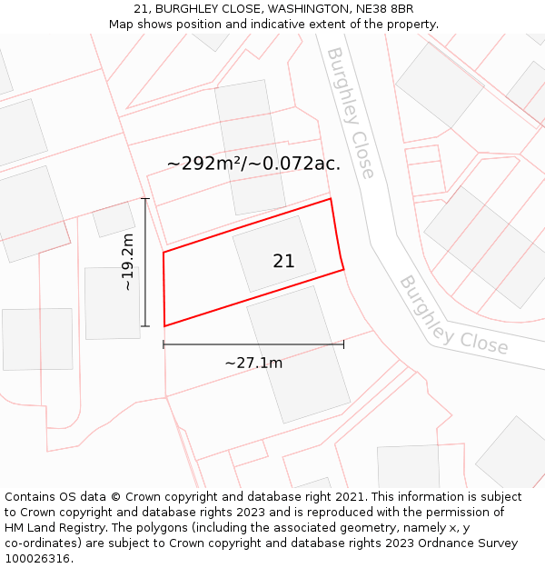 21, BURGHLEY CLOSE, WASHINGTON, NE38 8BR: Plot and title map