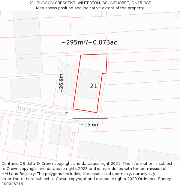 21, BURGON CRESCENT, WINTERTON, SCUNTHORPE, DN15 9GB: Plot and title map