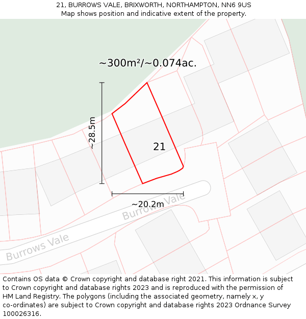 21, BURROWS VALE, BRIXWORTH, NORTHAMPTON, NN6 9US: Plot and title map