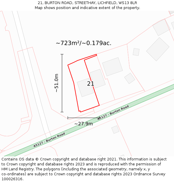 21, BURTON ROAD, STREETHAY, LICHFIELD, WS13 8LR: Plot and title map