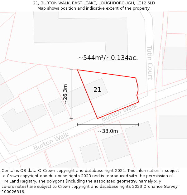 21, BURTON WALK, EAST LEAKE, LOUGHBOROUGH, LE12 6LB: Plot and title map