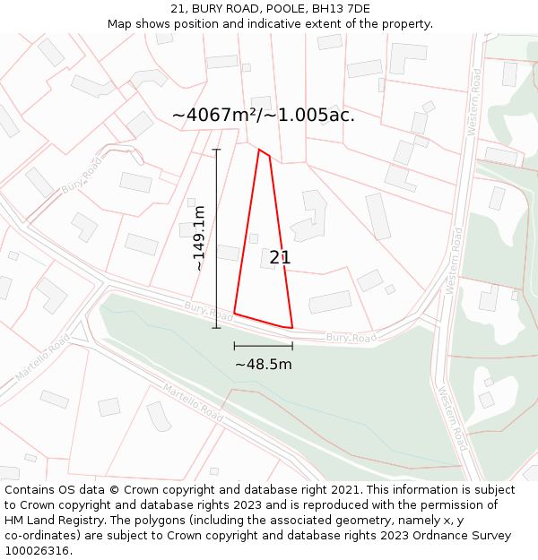 21, BURY ROAD, POOLE, BH13 7DE: Plot and title map