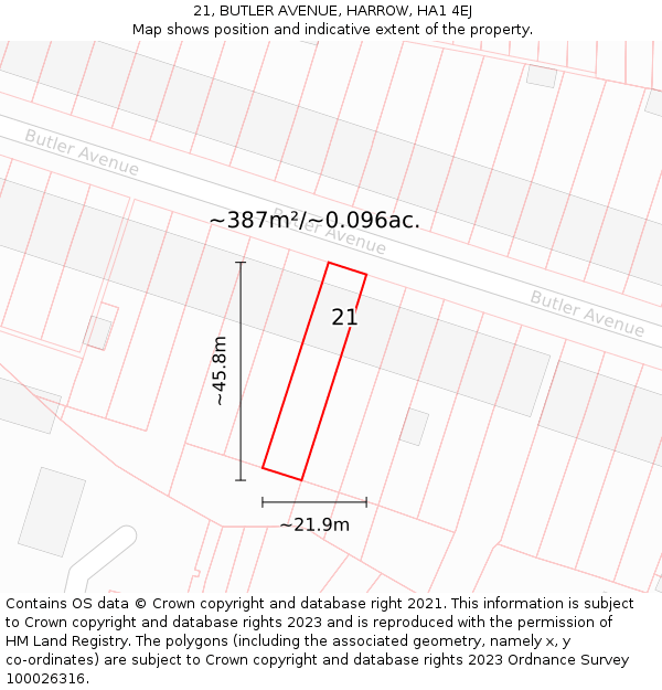 21, BUTLER AVENUE, HARROW, HA1 4EJ: Plot and title map