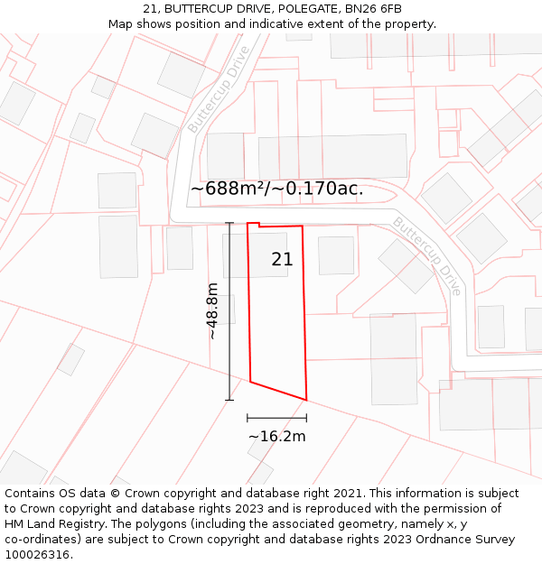 21, BUTTERCUP DRIVE, POLEGATE, BN26 6FB: Plot and title map