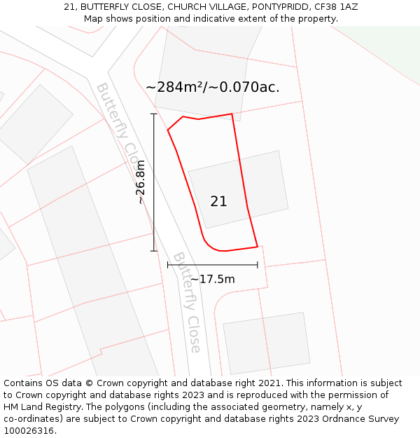 21, BUTTERFLY CLOSE, CHURCH VILLAGE, PONTYPRIDD, CF38 1AZ: Plot and title map