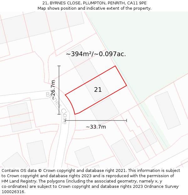21, BYRNES CLOSE, PLUMPTON, PENRITH, CA11 9PE: Plot and title map