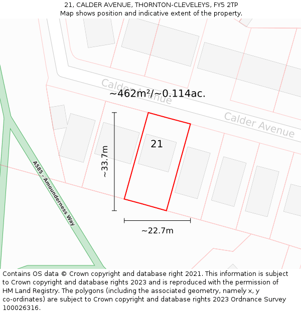 21, CALDER AVENUE, THORNTON-CLEVELEYS, FY5 2TP: Plot and title map