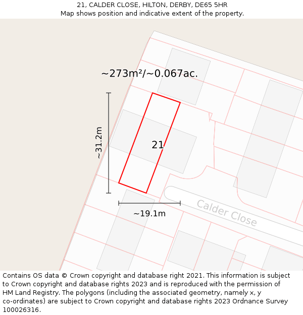 21, CALDER CLOSE, HILTON, DERBY, DE65 5HR: Plot and title map