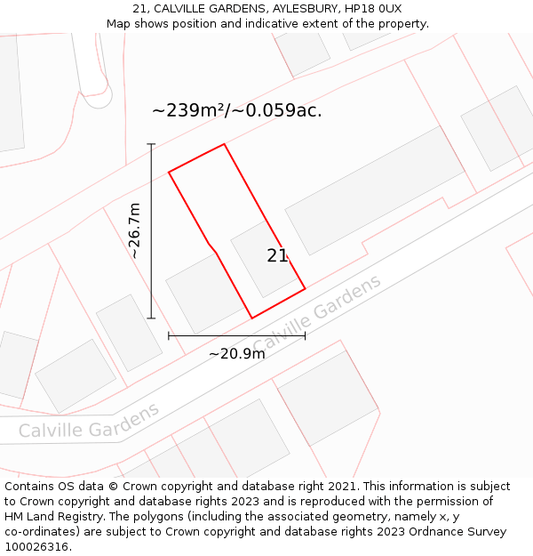 21, CALVILLE GARDENS, AYLESBURY, HP18 0UX: Plot and title map