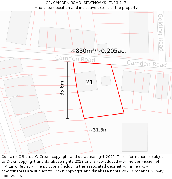 21, CAMDEN ROAD, SEVENOAKS, TN13 3LZ: Plot and title map