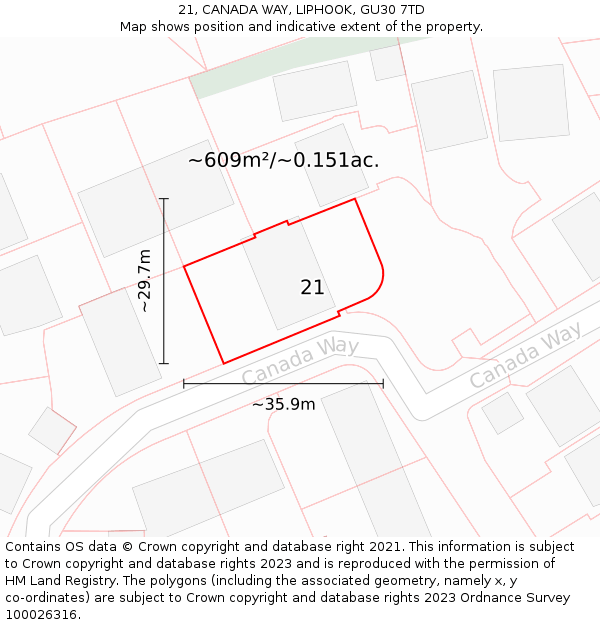 21, CANADA WAY, LIPHOOK, GU30 7TD: Plot and title map