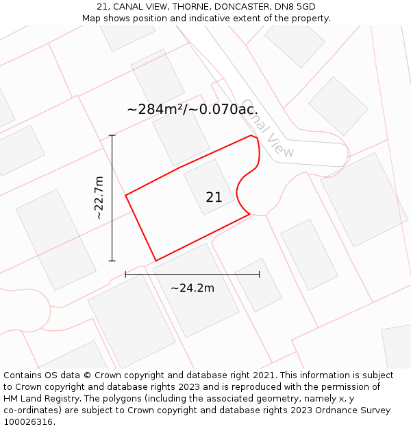 21, CANAL VIEW, THORNE, DONCASTER, DN8 5GD: Plot and title map