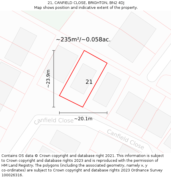 21, CANFIELD CLOSE, BRIGHTON, BN2 4DJ: Plot and title map