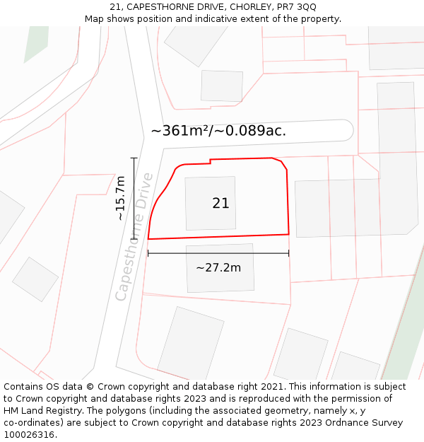 21, CAPESTHORNE DRIVE, CHORLEY, PR7 3QQ: Plot and title map