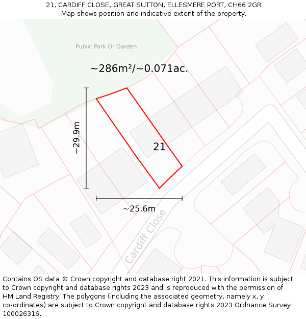 21, CARDIFF CLOSE, GREAT SUTTON, ELLESMERE PORT, CH66 2GR: Plot and title map