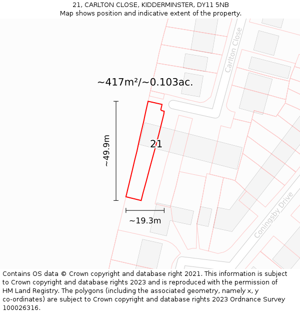 21, CARLTON CLOSE, KIDDERMINSTER, DY11 5NB: Plot and title map