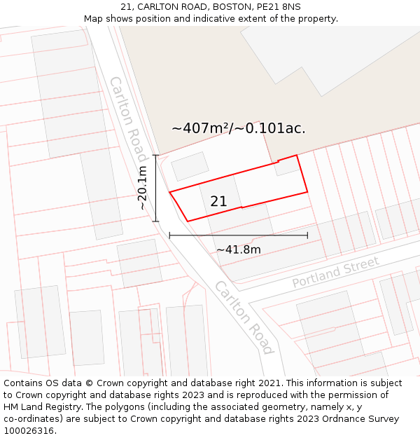 21, CARLTON ROAD, BOSTON, PE21 8NS: Plot and title map