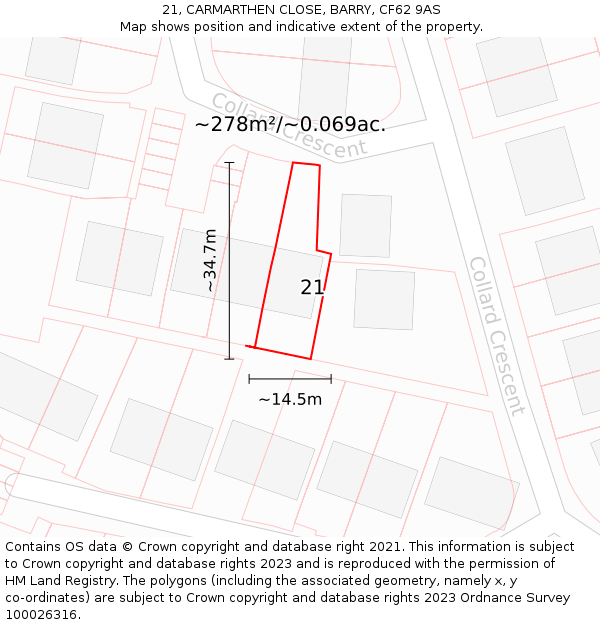 21, CARMARTHEN CLOSE, BARRY, CF62 9AS: Plot and title map