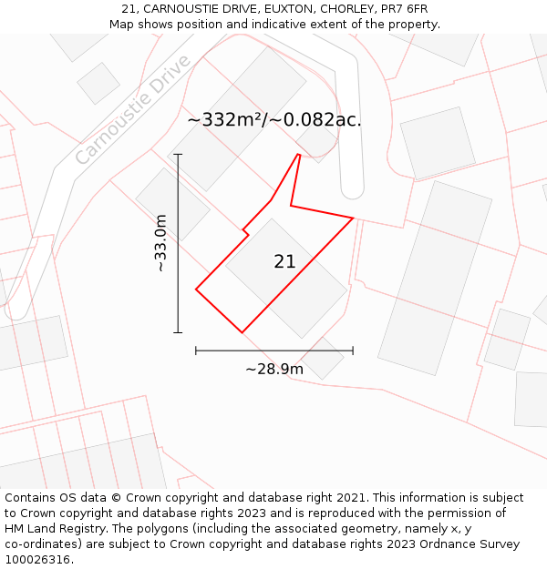 21, CARNOUSTIE DRIVE, EUXTON, CHORLEY, PR7 6FR: Plot and title map