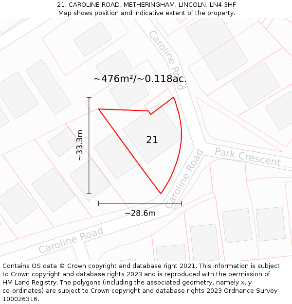 21, CAROLINE ROAD, METHERINGHAM, LINCOLN, LN4 3HF: Plot and title map
