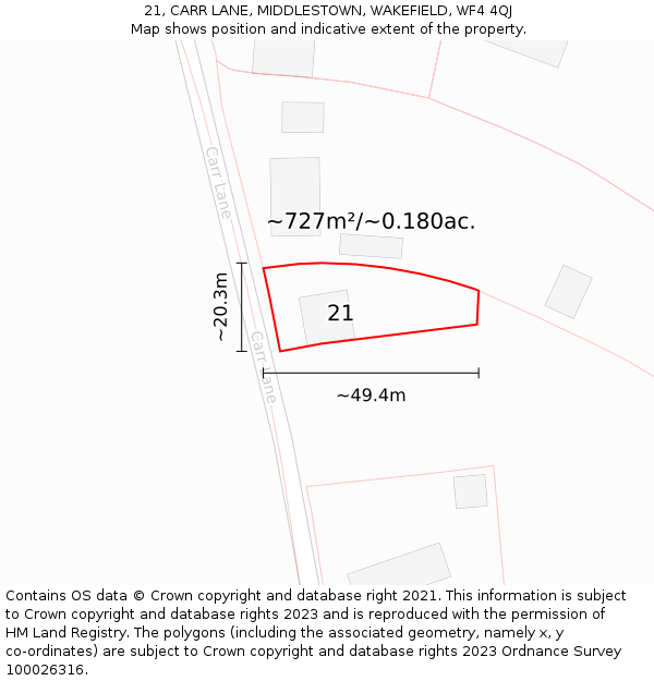 21, CARR LANE, MIDDLESTOWN, WAKEFIELD, WF4 4QJ: Plot and title map