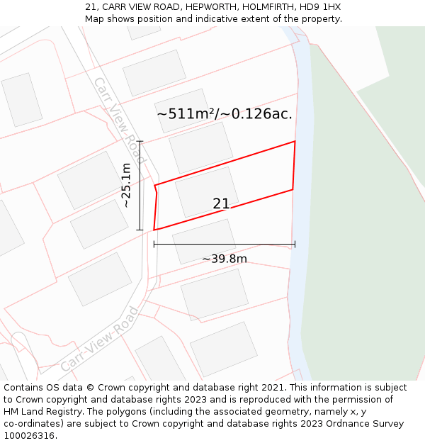21, CARR VIEW ROAD, HEPWORTH, HOLMFIRTH, HD9 1HX: Plot and title map