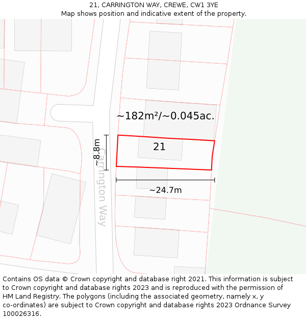 21, CARRINGTON WAY, CREWE, CW1 3YE: Plot and title map