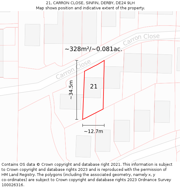 21, CARRON CLOSE, SINFIN, DERBY, DE24 9LH: Plot and title map