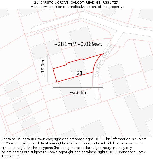 21, CARSTON GROVE, CALCOT, READING, RG31 7ZN: Plot and title map