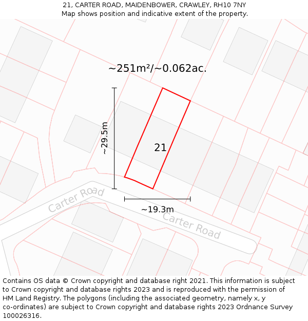 21, CARTER ROAD, MAIDENBOWER, CRAWLEY, RH10 7NY: Plot and title map