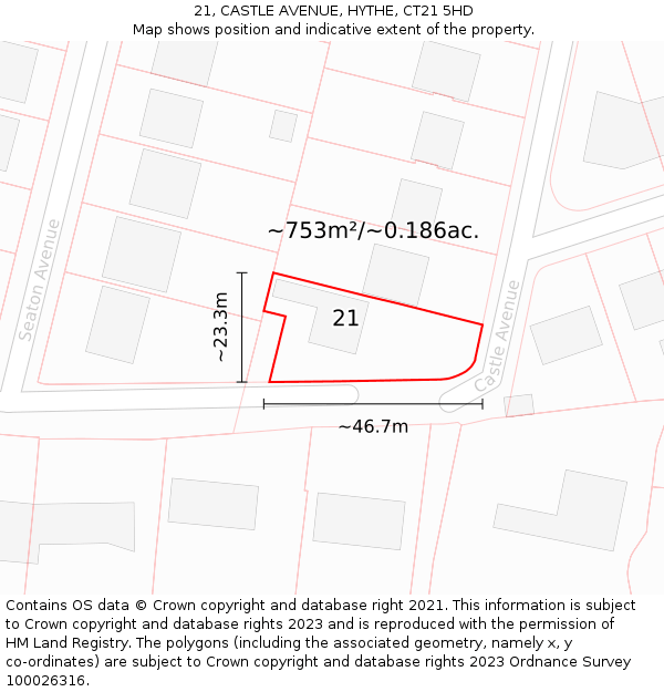 21, CASTLE AVENUE, HYTHE, CT21 5HD: Plot and title map