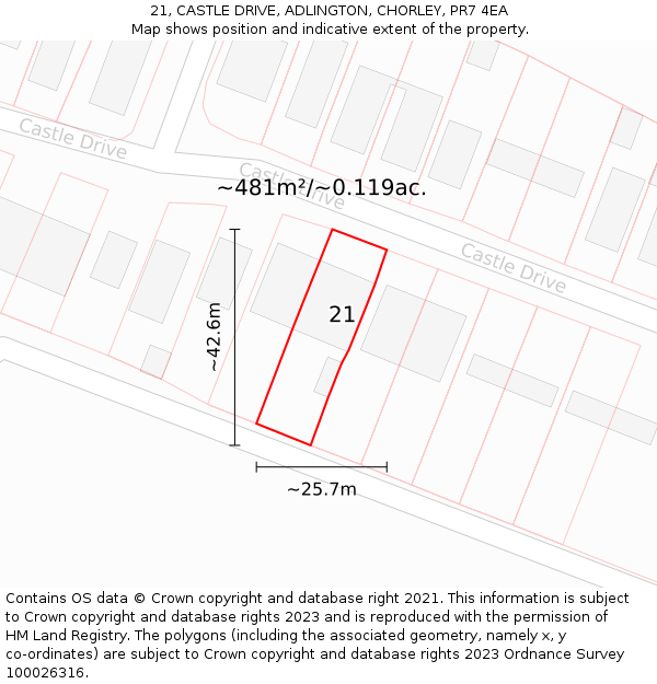 21, CASTLE DRIVE, ADLINGTON, CHORLEY, PR7 4EA: Plot and title map