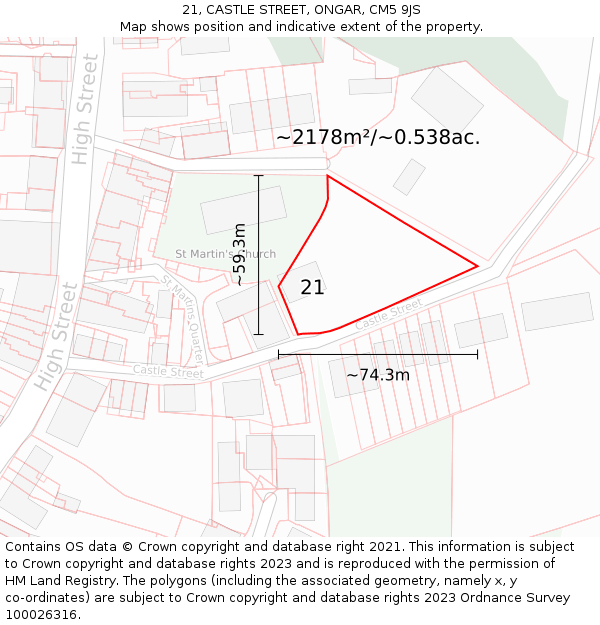 21, CASTLE STREET, ONGAR, CM5 9JS: Plot and title map