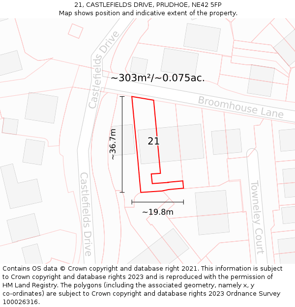 21, CASTLEFIELDS DRIVE, PRUDHOE, NE42 5FP: Plot and title map