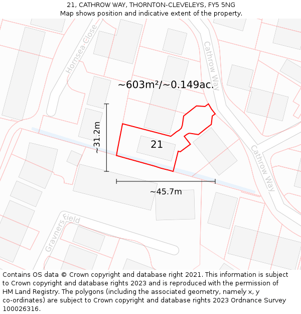 21, CATHROW WAY, THORNTON-CLEVELEYS, FY5 5NG: Plot and title map