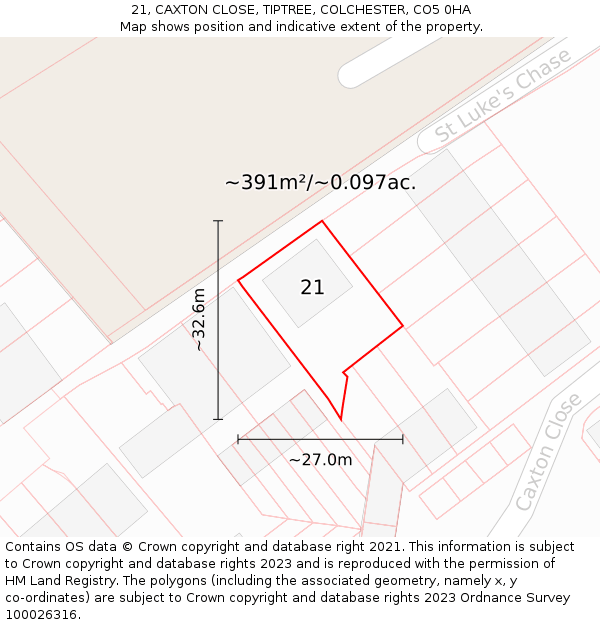 21, CAXTON CLOSE, TIPTREE, COLCHESTER, CO5 0HA: Plot and title map