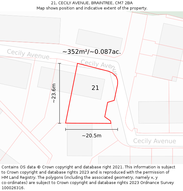 21, CECILY AVENUE, BRAINTREE, CM7 2BA: Plot and title map