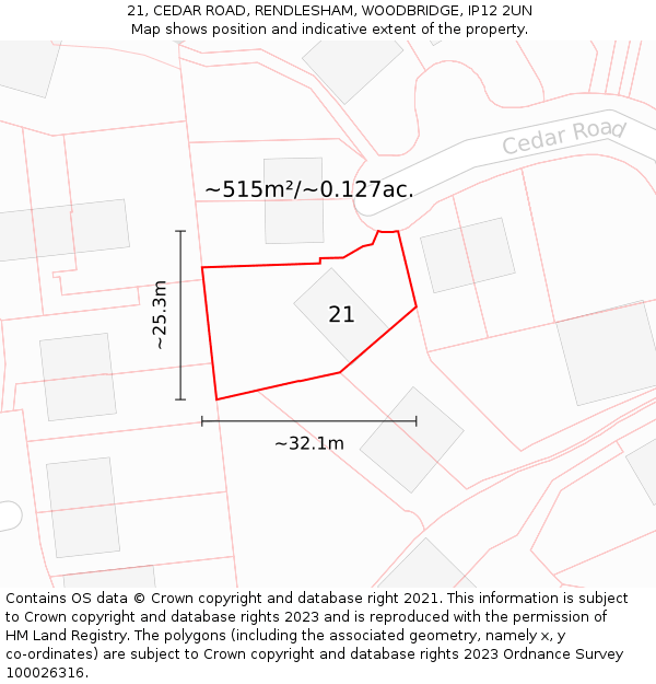 21, CEDAR ROAD, RENDLESHAM, WOODBRIDGE, IP12 2UN: Plot and title map