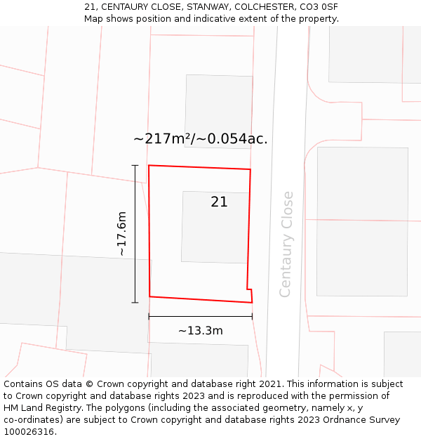 21, CENTAURY CLOSE, STANWAY, COLCHESTER, CO3 0SF: Plot and title map