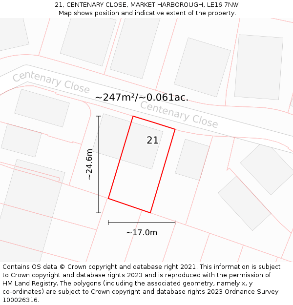 21, CENTENARY CLOSE, MARKET HARBOROUGH, LE16 7NW: Plot and title map