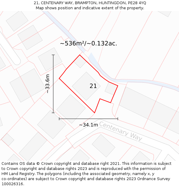 21, CENTENARY WAY, BRAMPTON, HUNTINGDON, PE28 4YQ: Plot and title map