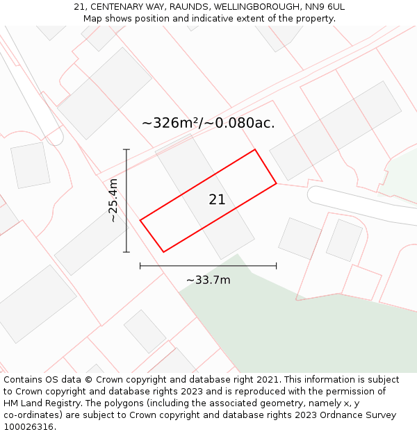 21, CENTENARY WAY, RAUNDS, WELLINGBOROUGH, NN9 6UL: Plot and title map