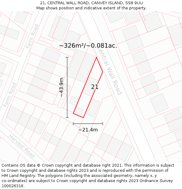 21, CENTRAL WALL ROAD, CANVEY ISLAND, SS8 9UU: Plot and title map