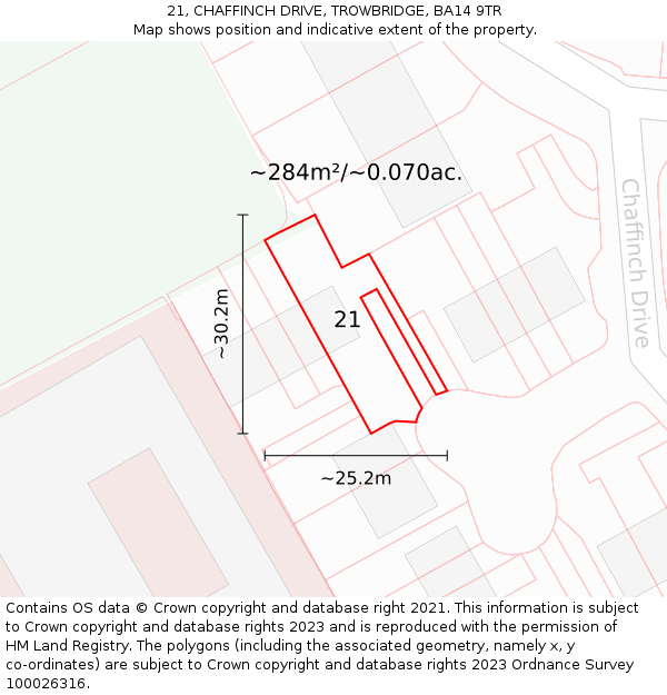 21, CHAFFINCH DRIVE, TROWBRIDGE, BA14 9TR: Plot and title map