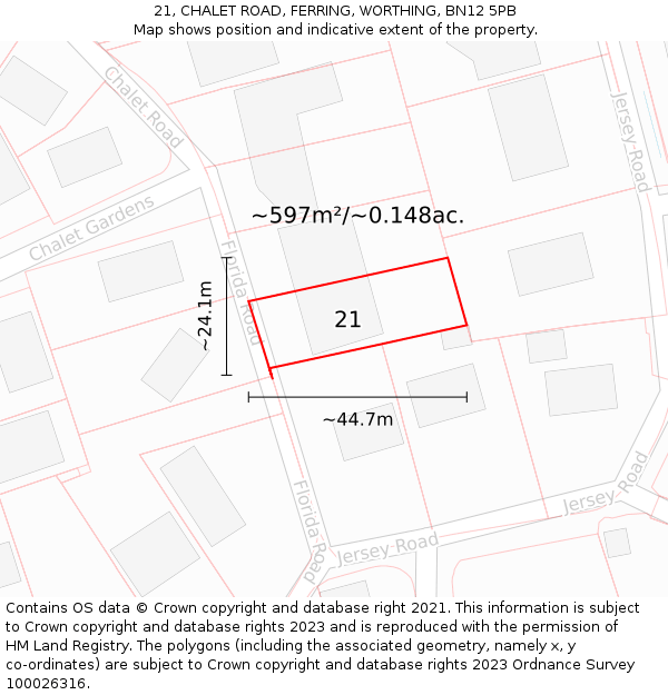 21, CHALET ROAD, FERRING, WORTHING, BN12 5PB: Plot and title map