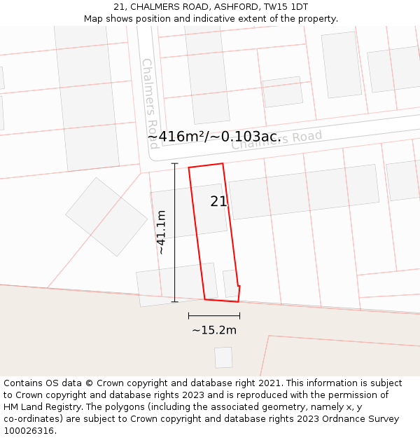 21, CHALMERS ROAD, ASHFORD, TW15 1DT: Plot and title map