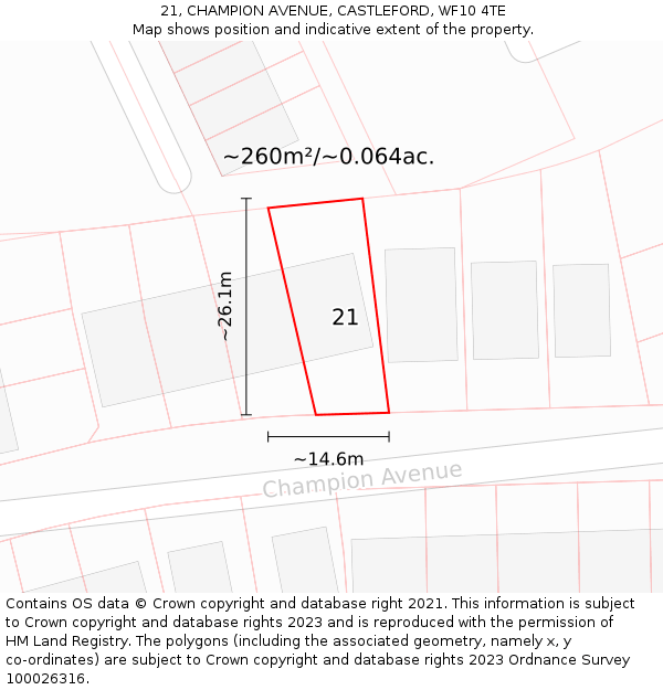 21, CHAMPION AVENUE, CASTLEFORD, WF10 4TE: Plot and title map